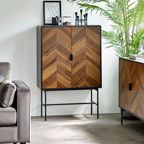 Alvin living room furniture collection cabinet with chevron wood doors.