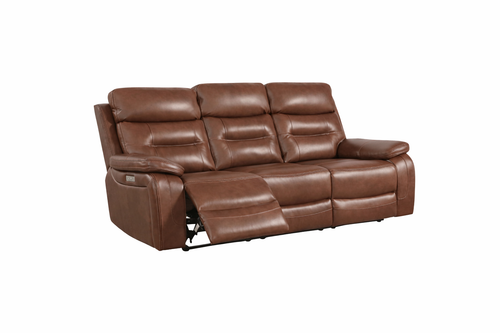 Brown leather power recliner sofa with three seats and extended footrests.