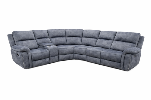 Grey fabric corner sofa with reclining seats and cup holders.