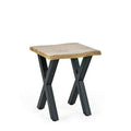 Oak-effect lamp table with crossed black steel legs.