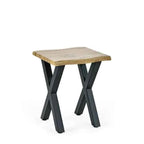 Oak-effect lamp table with crossed black steel legs.