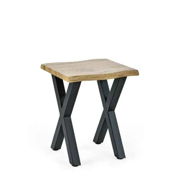 Oak-effect lamp table with crossed black steel legs.