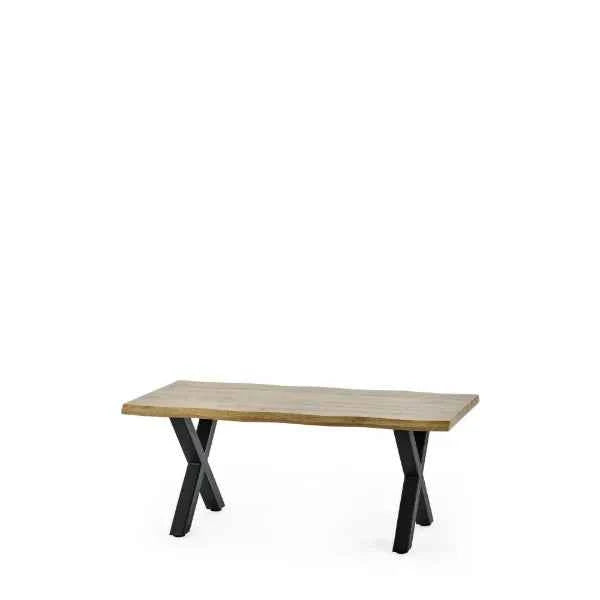 Oak-effect coffee table with black steel crossed legs.
