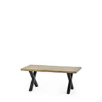 Oak-effect coffee table with black steel crossed legs.