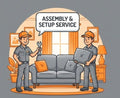 Two cartoon men in work uniforms assemble a gray sofa.