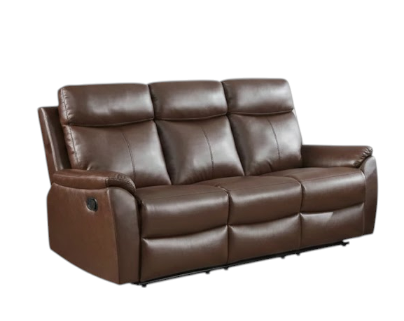 Brown leather aire three-seater recliner sofa with padded arms.