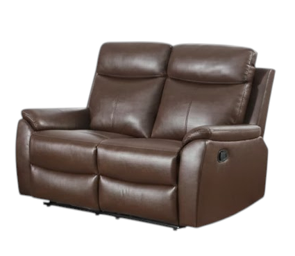 Brown leather aire two-seater recliner sofa with padded arms.