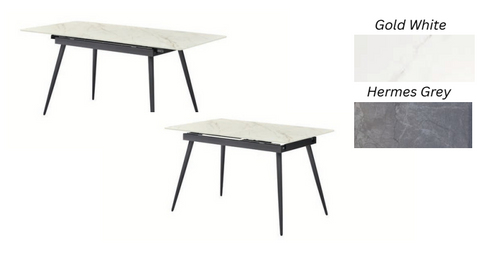 Bellagio Sintered Stone Dining Table with black legs, shown in Gold White and Hermes Grey options.