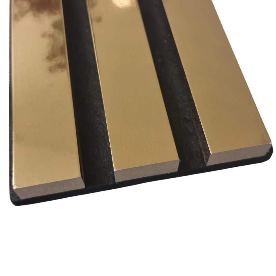 Gold slatted acoustic wall panels with black backing.