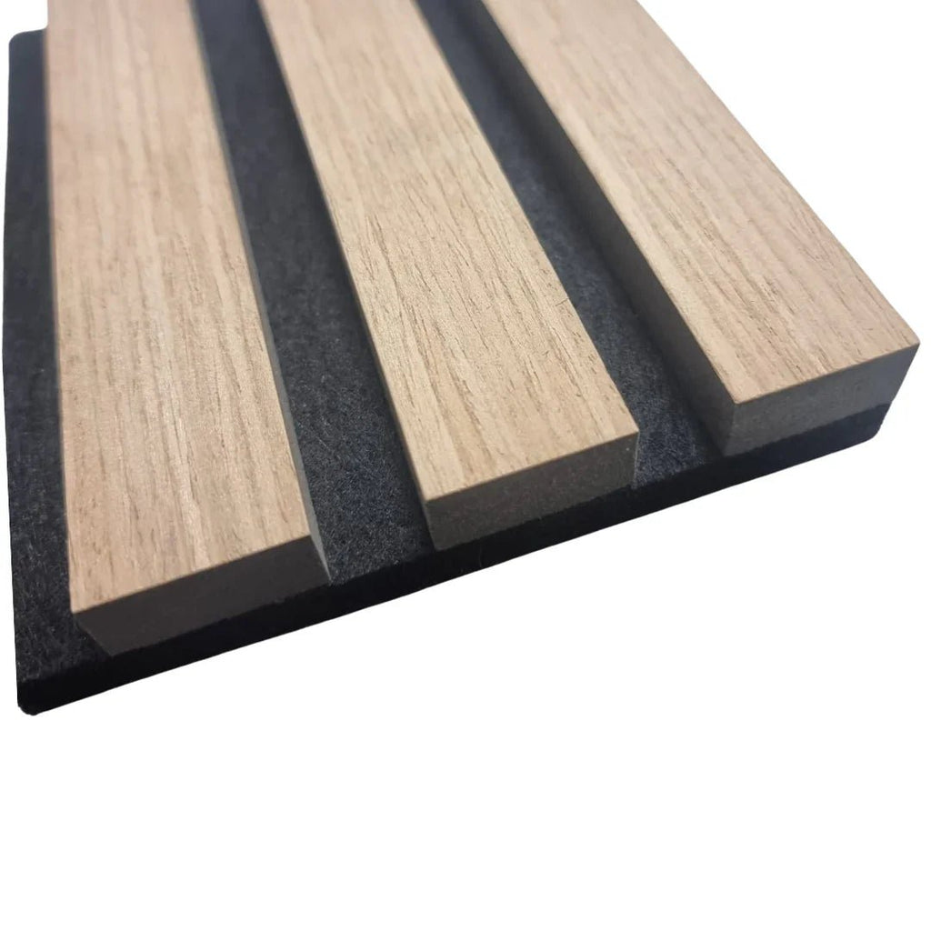 Acoustic wood slatted wall panels with a dark felt backing.