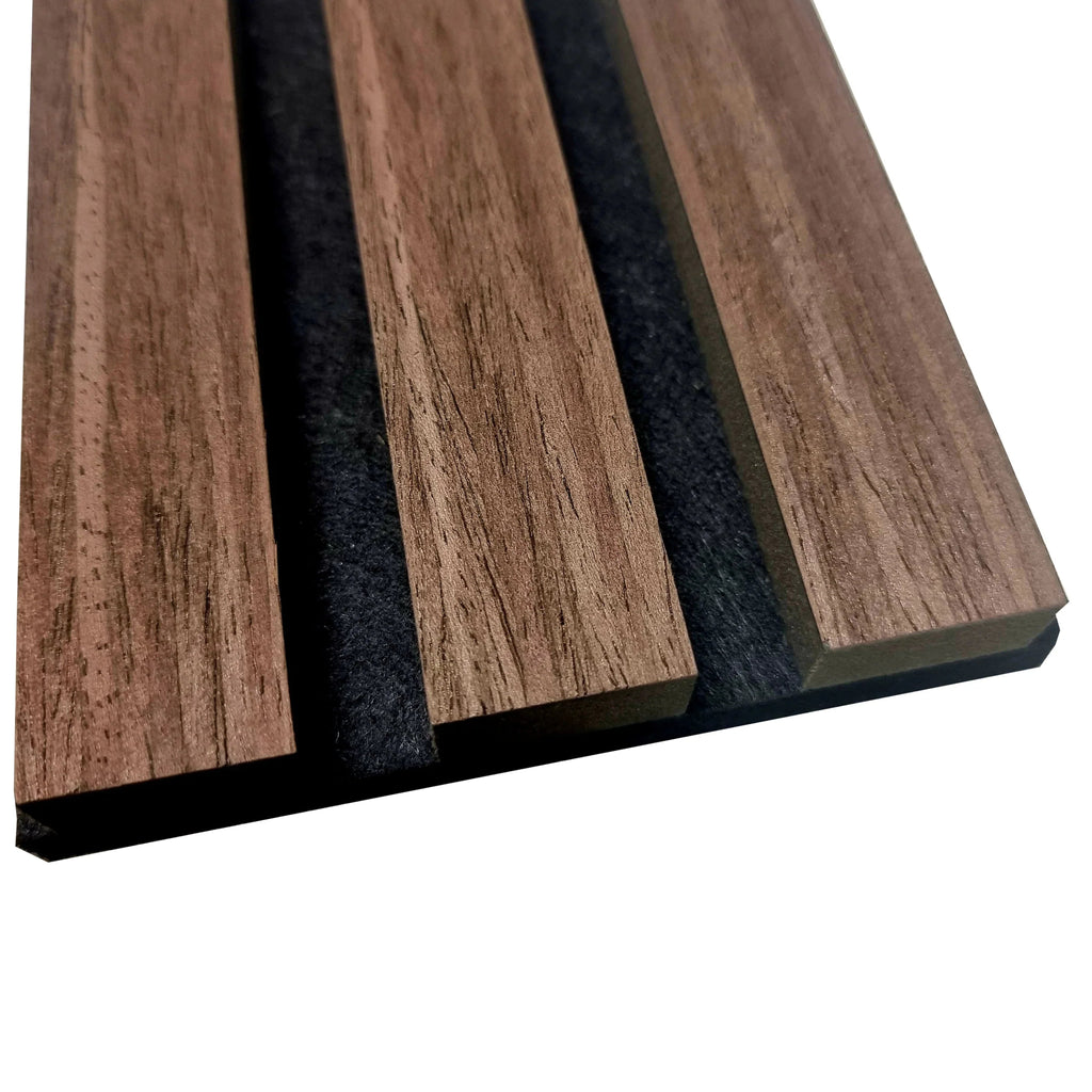 Acoustic wood slatted wall panels with dark felt backing.