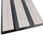 Acoustic wood slatted wall panels with a light wood grain texture.