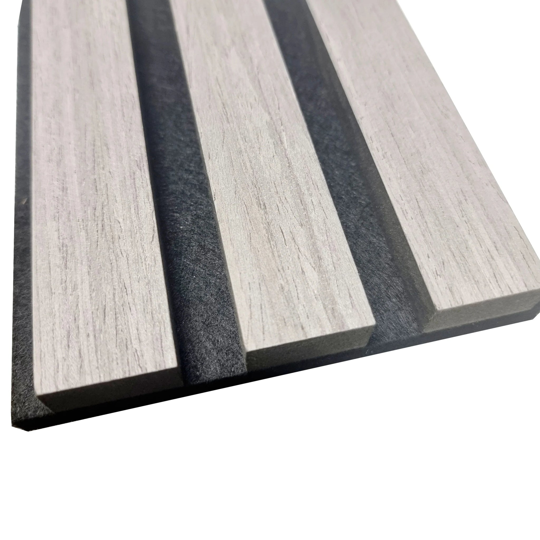 Acoustic wood slatted wall panels with a light wood grain texture.