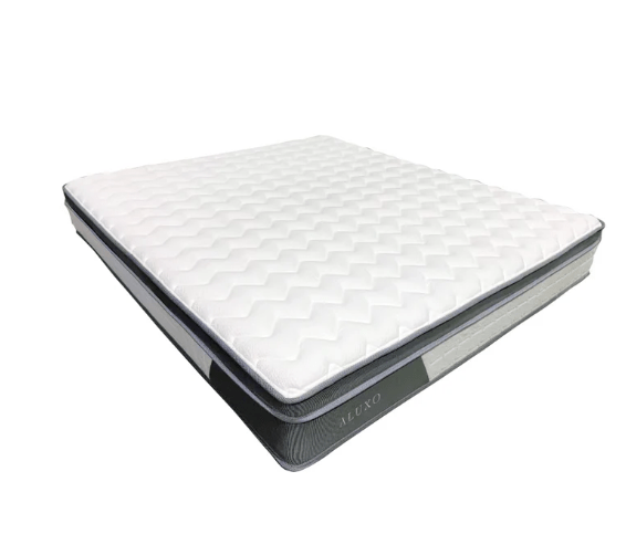 Aluxo Oasis mattress with white quilted top and grey sides.
