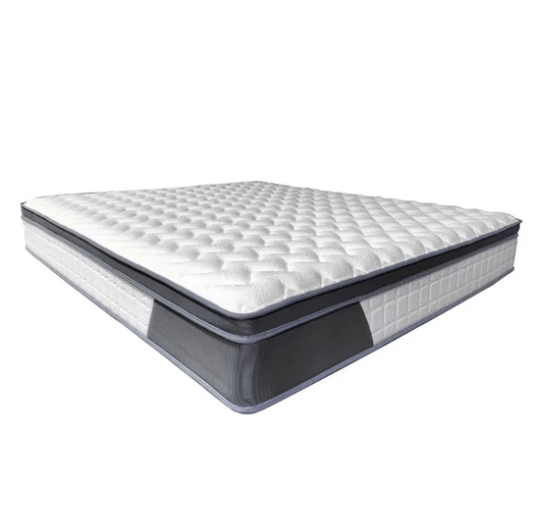 A white and gray Aluxo Oasis 2000 pocket memory pillow top mattress.