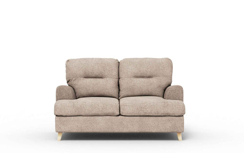Amber fabric sofa with two seat cushions and two back cushions.