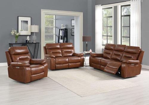 Brown leather power recliner with a high back and tiered cushions.