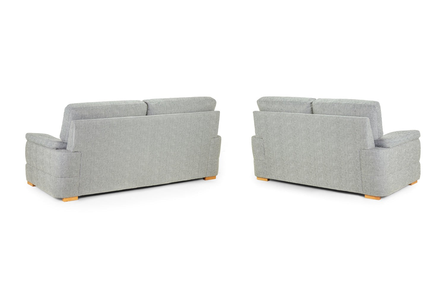 Two grey fabric sofas with wooden legs shown from the back.