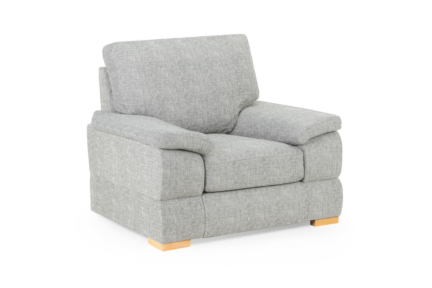 Bento Fabric Sofa Collection armchair in silver with wooden legs.