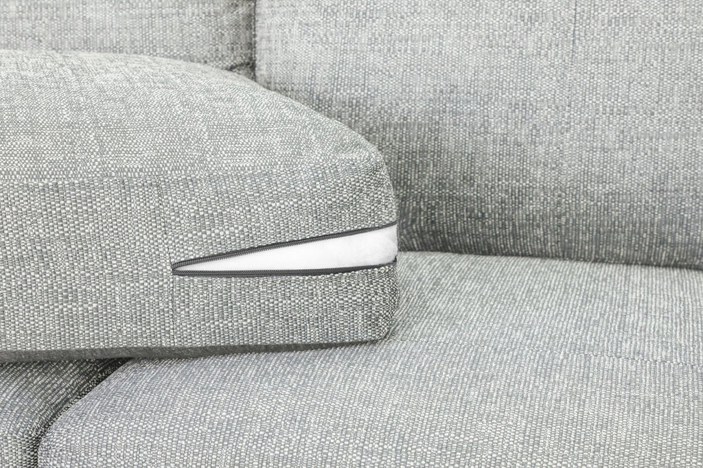 Bento Fabric Sofa Collection in silver with a visible zipper on the cushion.