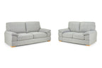Two grey fabric sofas with wooden legs.