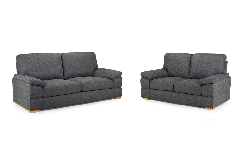 Two grey fabric sofas with wooden legs.