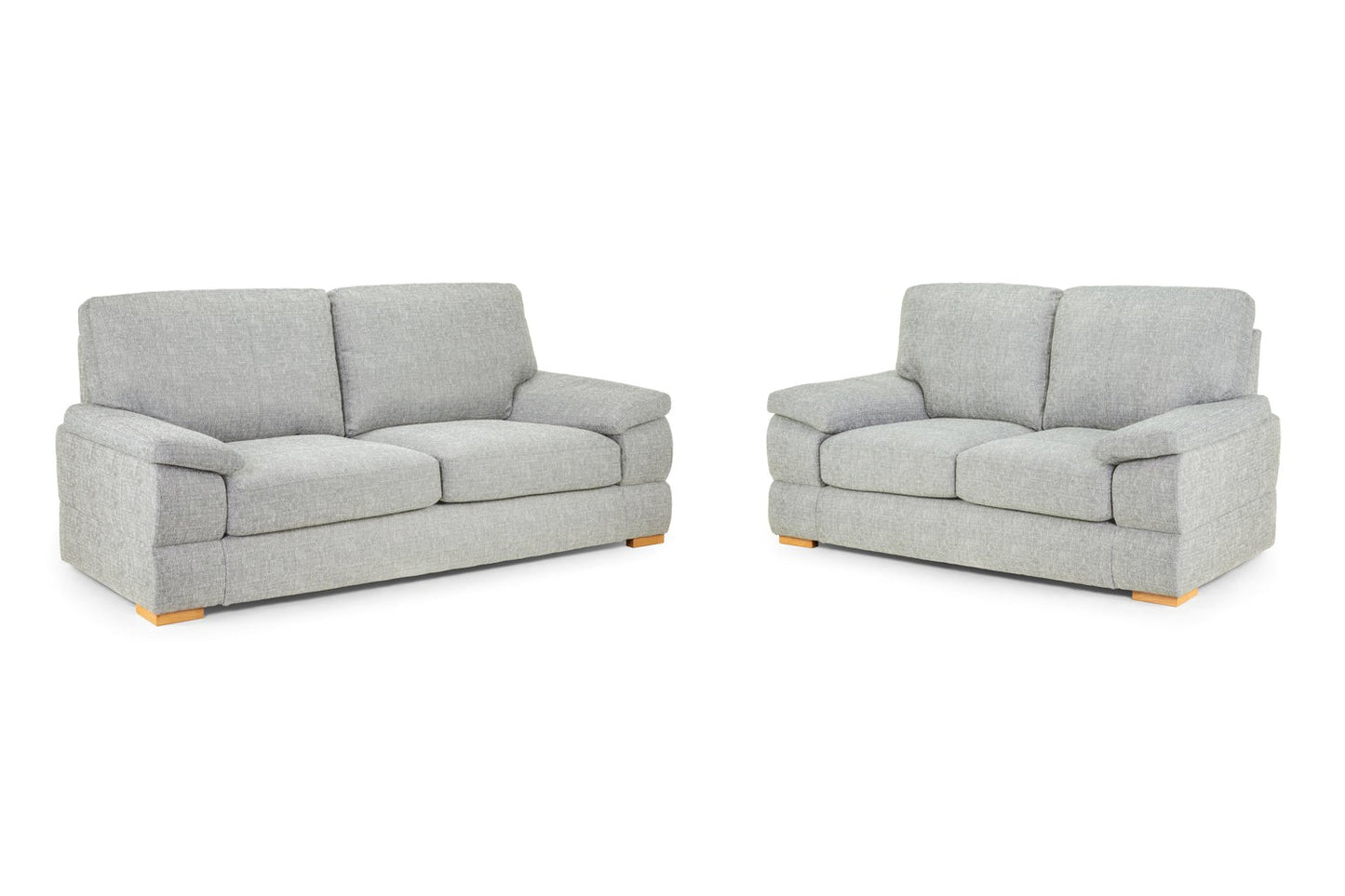 Two grey fabric sofas with wooden legs.