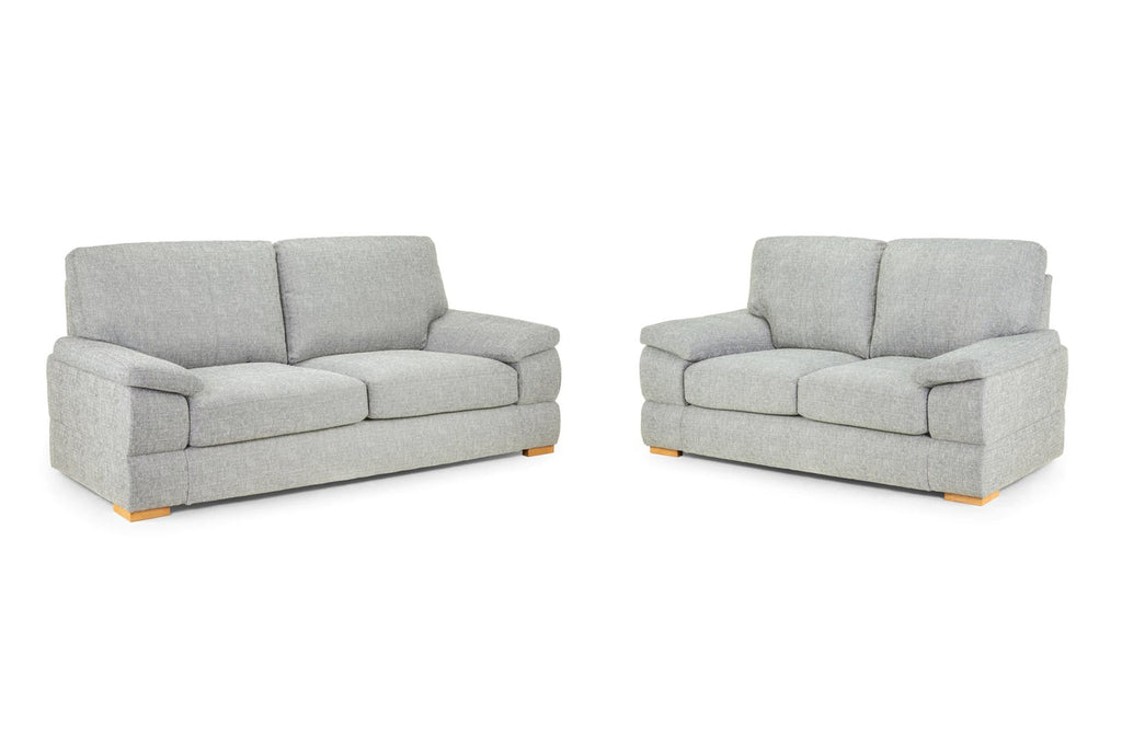 Two grey fabric sofas with wooden legs.