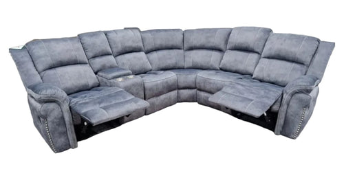 Grey fabric corner sofa with reclining seats and cup holders.
