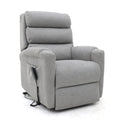 Grey fabric rise and recline armchair with dual motor and side control.