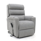 Grey fabric rise and recline armchair with dual motor and side control.