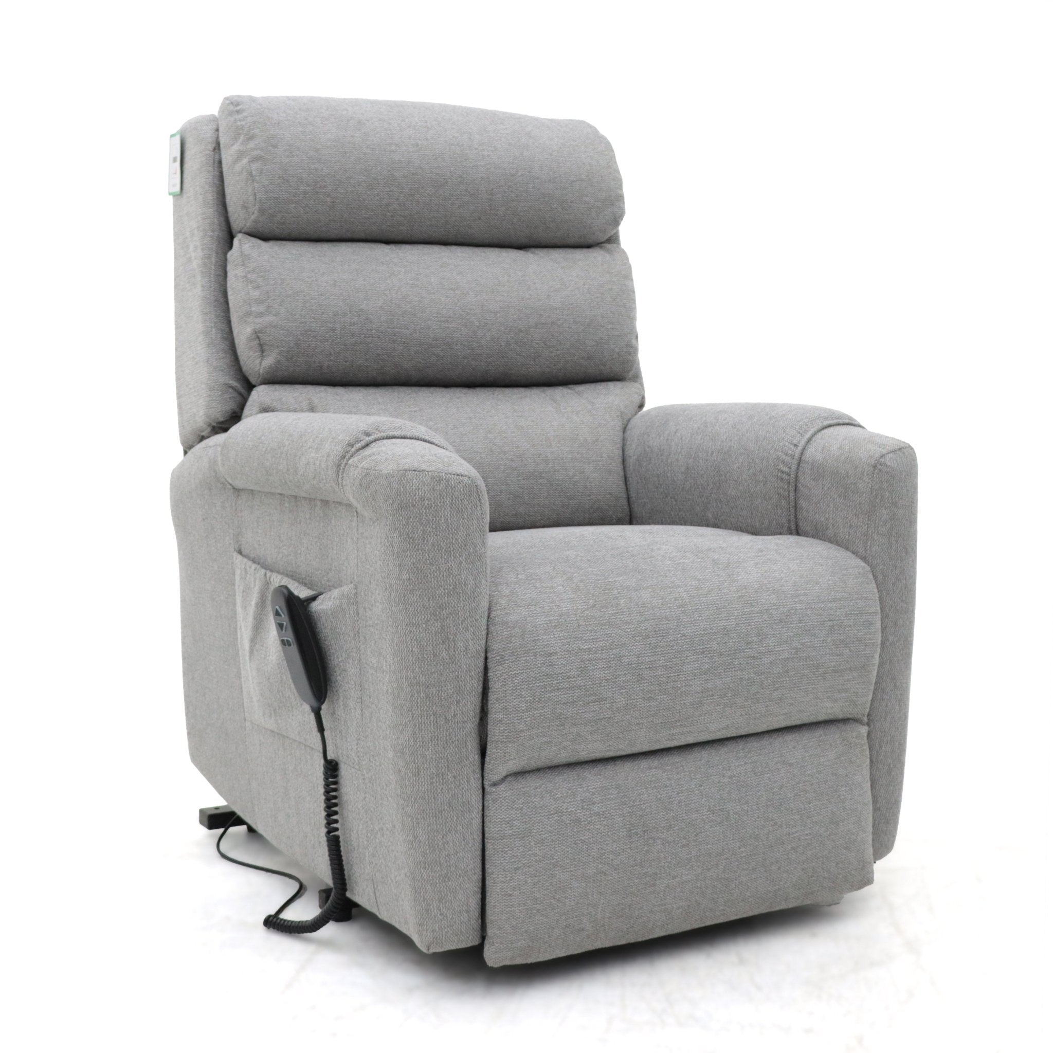 Grey fabric rise and recline armchair with dual motor and side control.