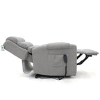 Grey fabric dual motor rise and recline armchair with footrest extended.