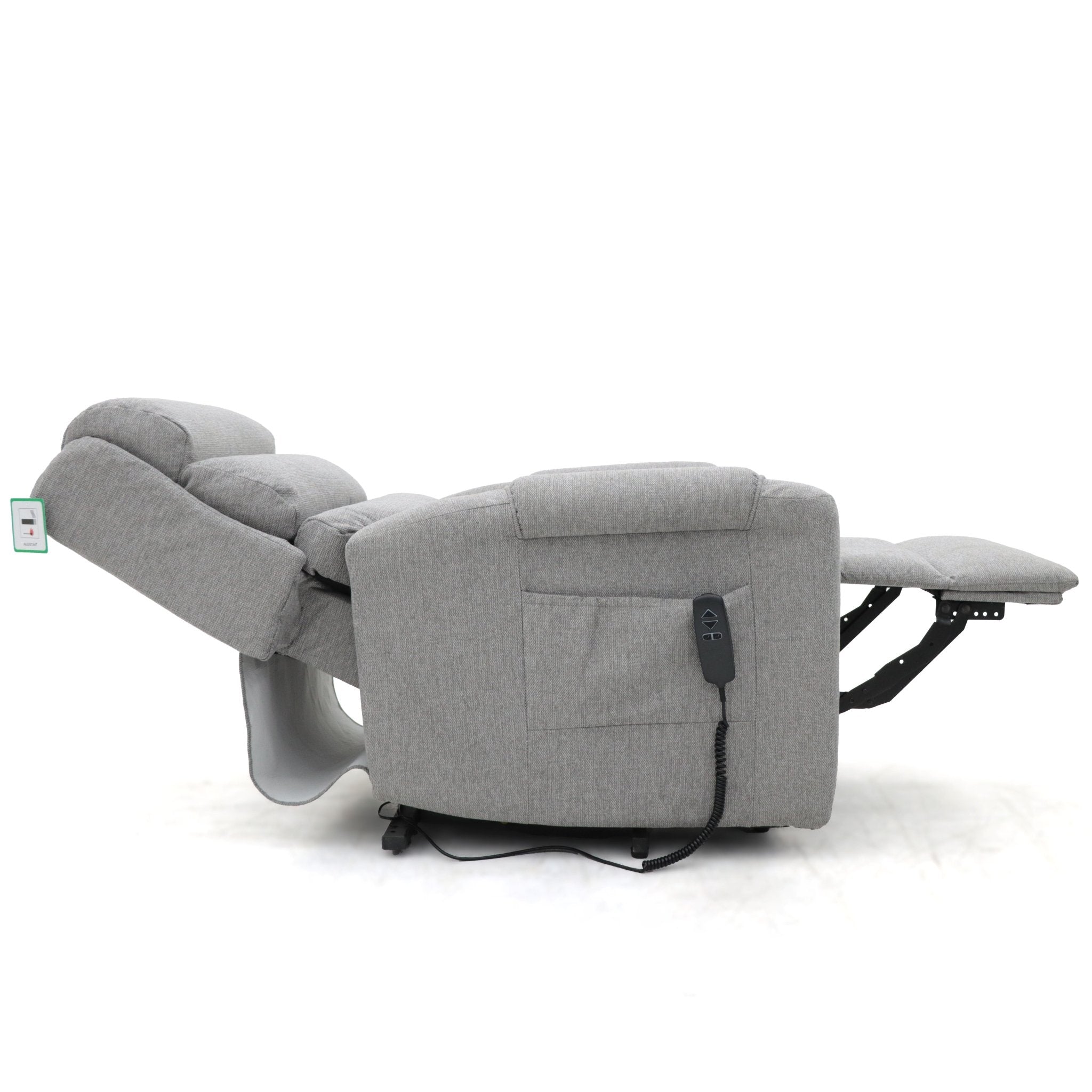 Grey fabric dual motor rise and recline armchair with footrest extended.