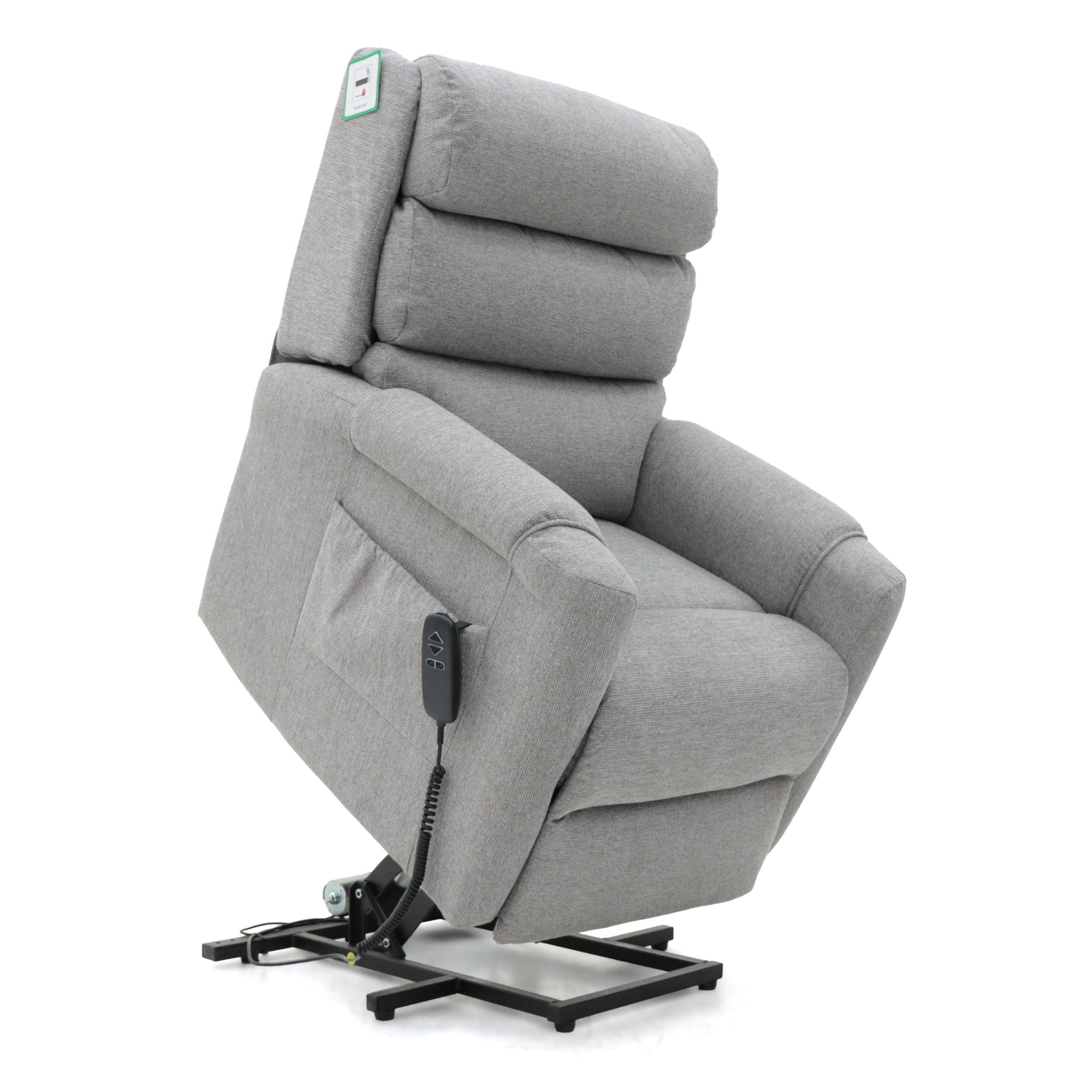 Grey fabric dual motor rise and recline armchair with a black metal base.