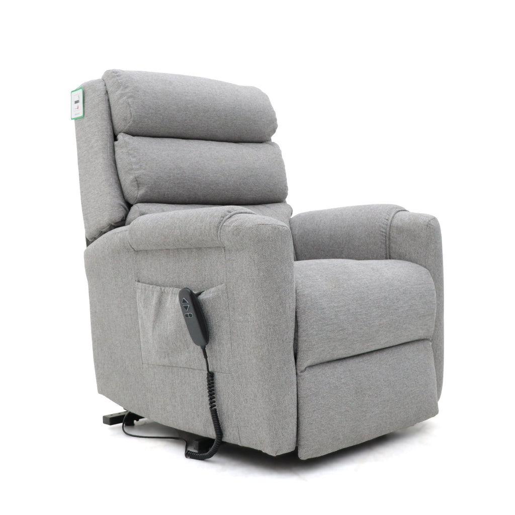 Grey fabric dual motor rise and recline armchair with side pocket and remote.