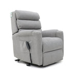 Grey fabric dual motor rise and recline armchair with side pocket and remote.