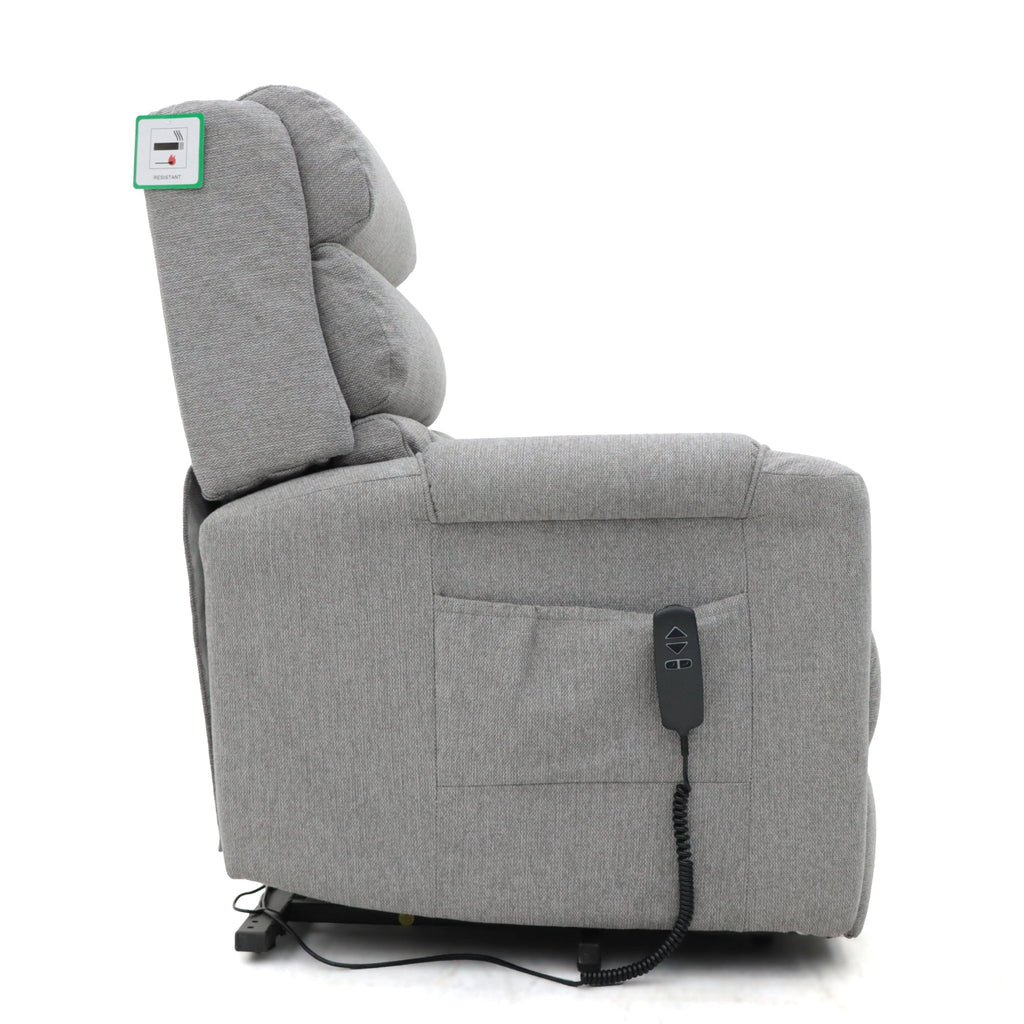Grey fabric dual motor rise and recline armchair with remote control.