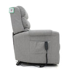 Grey fabric dual motor rise and recline armchair with remote control.