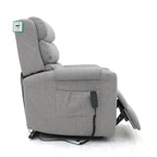 Grey fabric dual motor rise and recline armchair with side pocket and remote control.