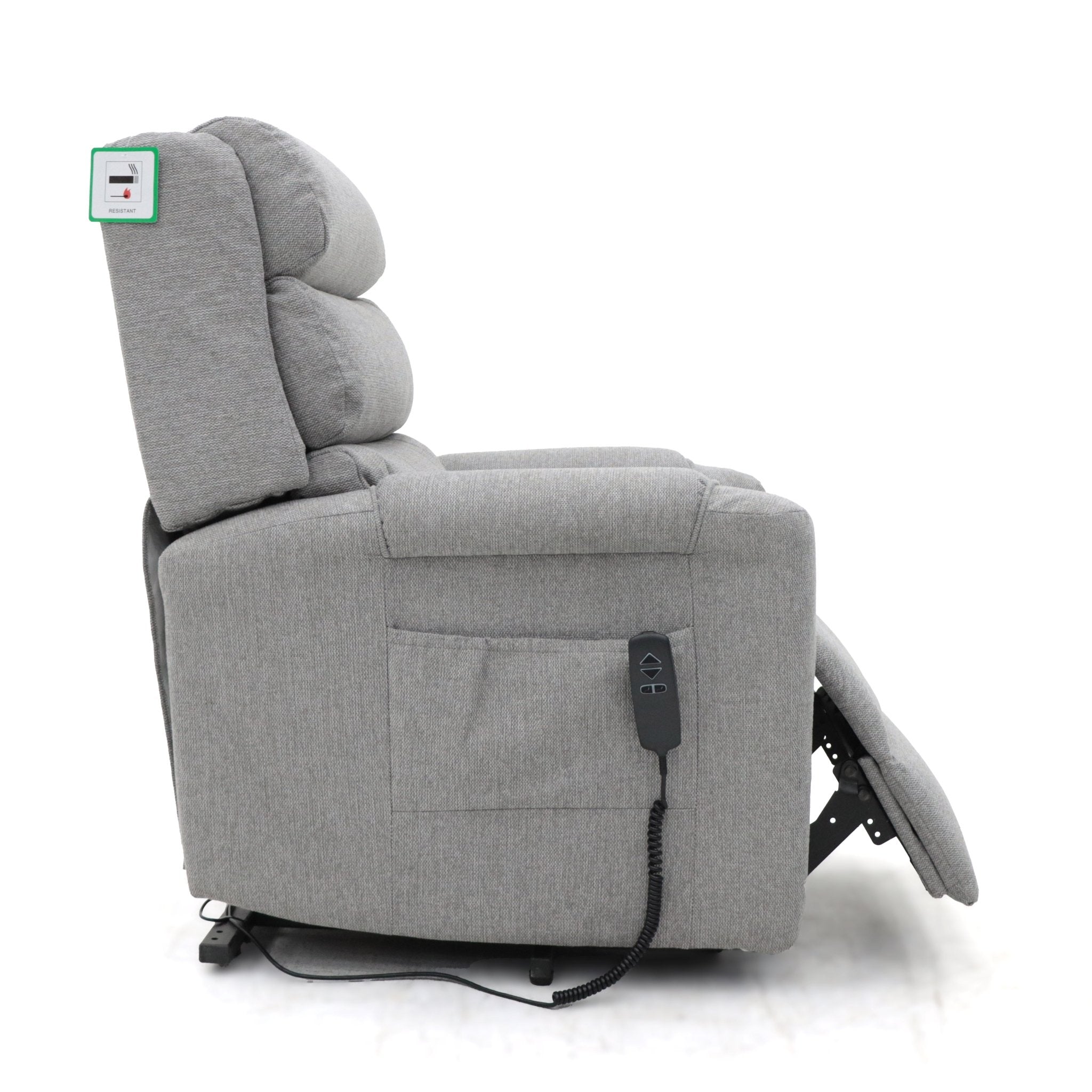 Grey fabric dual motor rise and recline armchair with side pocket and remote control.