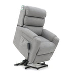 Grey fabric dual motor rise and recline armchair with side pocket and remote.