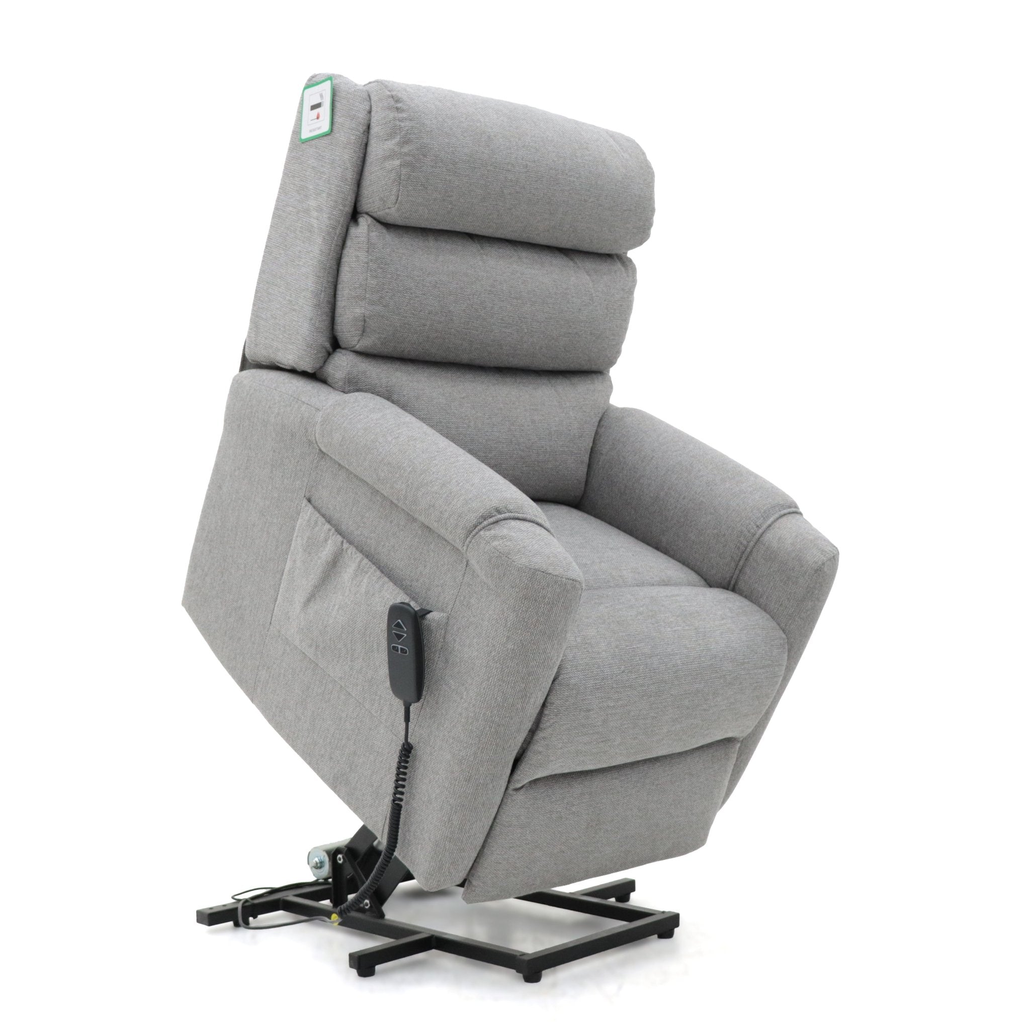 Grey fabric dual motor rise and recline armchair with side pocket and remote.