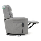 Grey fabric dual motor rise and recline armchair with footrest extended.