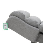 Grey fabric rise and recline armchair with a flame-resistant tag.