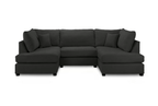 U-shaped dark gray fabric sofa with plush cushions.