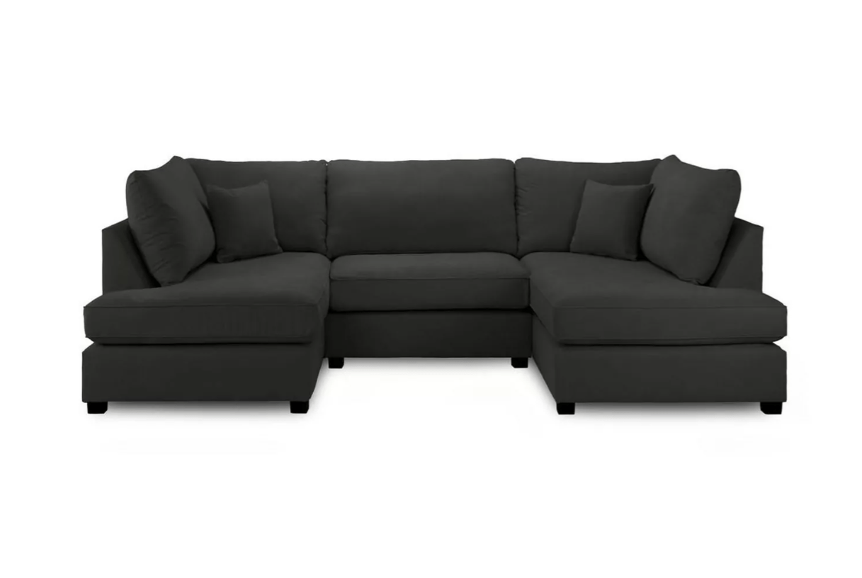 U-shaped dark gray fabric sofa with plush cushions.