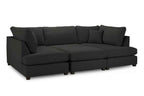 U shaped black fabric corner sofa with plush cushions.