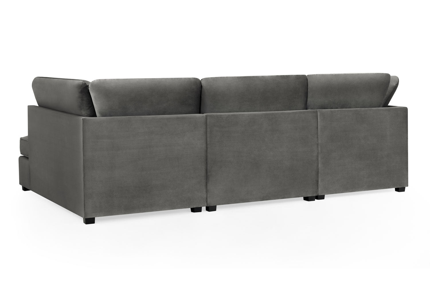 Carnabie U Shaped Plush Velvet Corner Sofa in grey, viewed from the back.