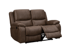 Brown fabric reclining sofa with twin padded arms and plush cushions.